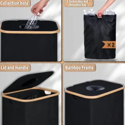 Hot En återvinningskärl för hushåll med två avtagbara återanvändbara innerpåsar, 600D Oxford-tyg, för återvinning av flaskor, kartonger och glas Black