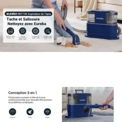 Clearance EUREKA NEY100 - Tvättmaskin för tygsoffor - 12500Pa - Dammsugare för rengöring av soffor, mattor, bilar - Vattentank 1.5 L Blå