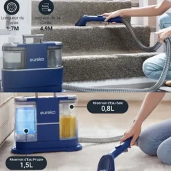 Clearance EUREKA NEY100 - Tvättmaskin för tygsoffor - 12500Pa - Dammsugare för rengöring av soffor, mattor, bilar - Vattentank 1.5 L Blå