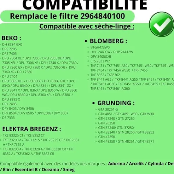 Outlet PHONILLICO Filter - Beko - 2964840100 - Set of 2 - Compatible Tumble Dryer - Black