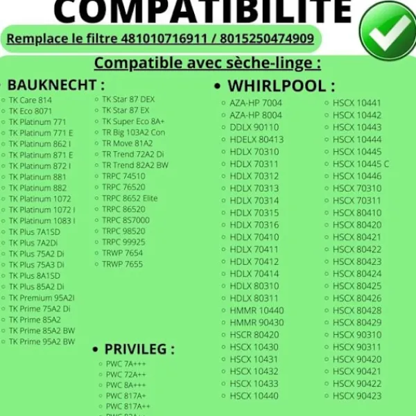 Outlet PHONILLICO Filter - Whirlpool - 481010716911 - Pack of 2 - Compatible with Tumble Dryer - Black