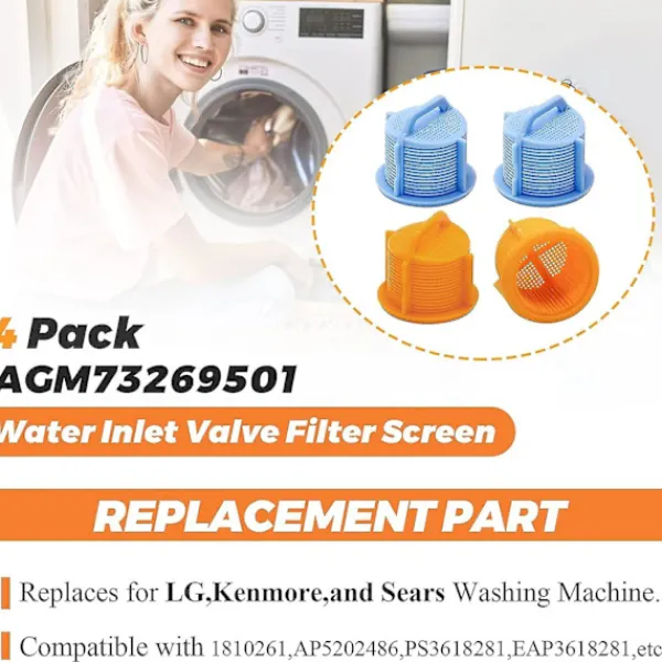 Hot Filter för tvättmaskinens vatteninlopp - Passar till Kenmore och Lg tvättmaskiner - 4-pack