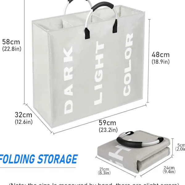 Online Fällbara tvättkorgar (80L, 60x32x49cm), 3 fack med ringhandtag