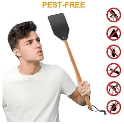 Hot Flugsmälla i läder för inomhus-/utomhusbruk, hållbar flugsmälla med trähandtag, 50 cm lång, 2-pack