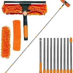 New Fönsterskrapa 2-i-1 med teleskophandtag 4,5 m - Fönsterputsning för höga fönster, bil, dusch, inomhus & utomhus orange orange