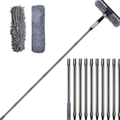 Fönsterskrapa 2-i-1 med teleskophandtag 4,5 m - Fönsterputsning för höga fönster, bil, dusch, inomhus & utomhus, grå【GKS】 gray