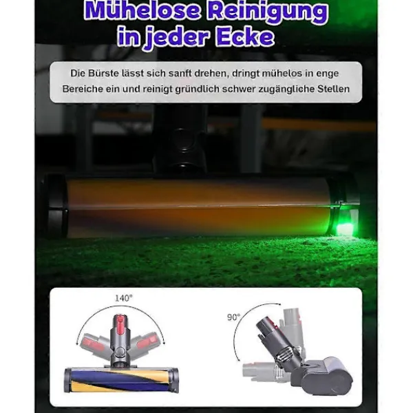 Hot För V7 V8 V10 V11 V15 Mjuk Rulle Golvborste med Grön LED-lampa för Parkett, Kakel och Hårda Golv