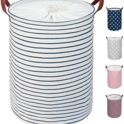 Hot Fristående Tvättkorg med Lock, 20 cm, Hopfällbar Stor Tvättkorg med Dragsko och Läderhandtag (Blårandig, M)