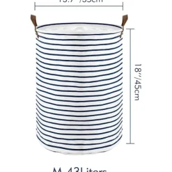 Hot Fristående Tvättkorg med Lock, 20 cm, Hopfällbar Stor Tvättkorg med Dragsko och Läderhandtag (Blårandig, M)