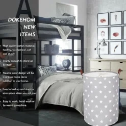 Sale Fristående tvättkorg med lock, 19 tum, hopfällbar stor tvättkorg med dragsko och läderhandtag