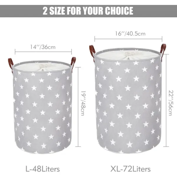 Sale Fristående tvättkorg med lock, 19 tum, hopfällbar stor tvättkorg med dragsko och läderhandtag