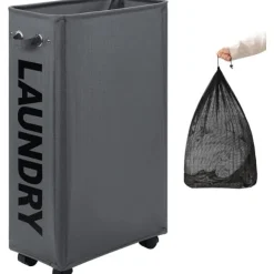 Discount Förstorad smal tvättkorg med avtagbar tvättpåse på hjul, hopfällbar rullande tvättkorg, hopfällbar smal hörn för klädförvaring