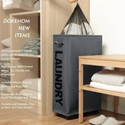 Discount Förstorad smal tvättkorg med avtagbar tvättpåse på hjul, hopfällbar rullande tvättkorg, hopfällbar smal hörn för klädförvaring