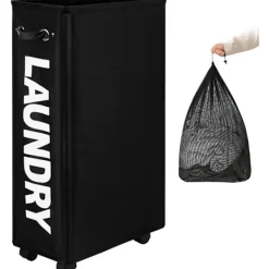 New Förstorad smal tvättkorg med avtagbar tvättsäck på hjul, hopfällbar rullande tvättkorg, hopfällbar smal hörnförvaring för kläder