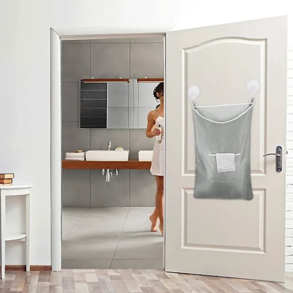 Outlet Grå slitstark Oxford-väska tvättkorg väska, över dörren tyg korg med krokar, för badrum, förvaring, vägg, garderob, 75x50cm