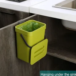 (Grön) Kompostbehållare för köksbänk, hängande liten soptunna under diskho, 3L monterbar kompost Buc