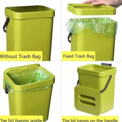 (Grön) Kompostbehållare för köksbänk, hängande liten soptunna under diskho, 3L monterbar kompost Buc