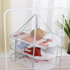 Grön stor klädtork 3 våningar hopfällbar nät hängande klädtork T-shirt