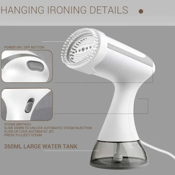 Handhållen Klädångare, 1500 Watt Snabb Uppvärmning, 300 ml Vattentank (Vit)