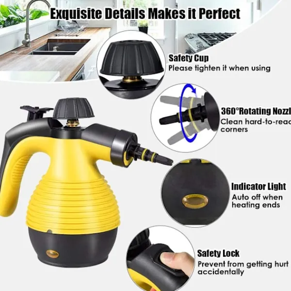 Sale Handhållen ångrengörare, Multifunktionell ångrengörare, Ångstrykjärn, 1050W, Med tillbehör (Gul)