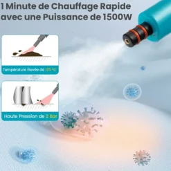 Outlet COSTWAY Handhållen Ångtvätt 1500W Sängbuggar -400 ml Tank-2 Bar-14 Tillbehör-125 ℃-Barnsäkerhetslås- Blå