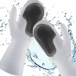Clearance Handskar med skrubber, diskhandskar, återanvändbara rengöringshandskar med rengöringsborste, handskydd och värmebeständiga, för kök badrum (grå)