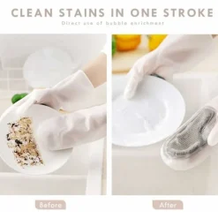 Clearance Handskar med skrubber, diskhandskar, återanvändbara rengöringshandskar med rengöringsborste, handskydd och värmebeständiga, för kök badrum (grå)