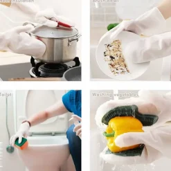 Clearance Handskar med skrubber, diskhandskar, återanvändbara rengöringshandskar med rengöringsborste, handskydd och värmebeständiga, för kök badrum (grå)