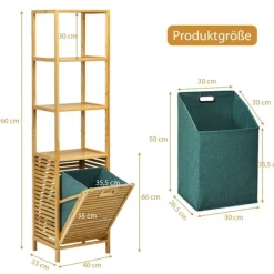 Discount B2X Högt badrumsskåp med tvättkorg av bambu med hyllplan perfekt för badrum 40 x 33 x 160 cm natur