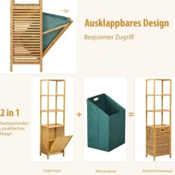 Discount B2X Högt badrumsskåp med tvättkorg av bambu med hyllplan perfekt för badrum 40 x 33 x 160 cm natur