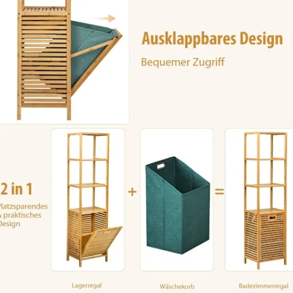 Discount B2X Högt badrumsskåp med tvättkorg av bambu med hyllplan perfekt för badrum 40 x 33 x 160 cm natur