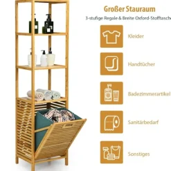 Discount B2X Högt badrumsskåp med tvättkorg av bambu med hyllplan perfekt för badrum 40 x 33 x 160 cm natur