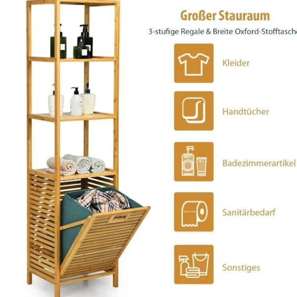 Discount B2X Högt badrumsskåp med tvättkorg av bambu med hyllplan perfekt för badrum 40 x 33 x 160 cm natur