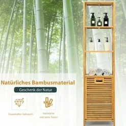 Discount B2X Högt badrumsskåp med tvättkorg av bambu med hyllplan perfekt för badrum 40 x 33 x 160 cm natur