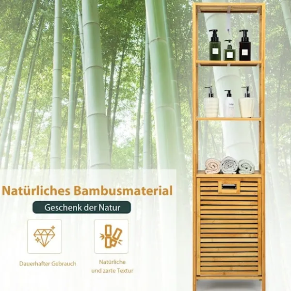 Discount B2X Högt badrumsskåp med tvättkorg av bambu med hyllplan perfekt för badrum 40 x 33 x 160 cm natur