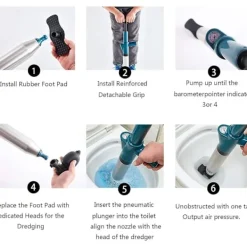 Högtrycks Toalettrensare med 4 Utbytbara Huvuden Toalettpump Avloppsrensare Rörrensare för Toalett, Diskbänk, Golvbrunn, Täppta Rör och Badkar (