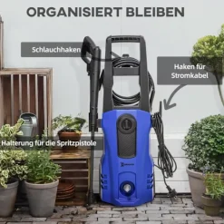 Outlet Northio Högtryckstvätt Med Rullar Inkl. 5 St. Tillbehör, 150 Bar Arbetstryck, Med 6 M Högtrycksslang, 1800 W, Max Vattenmängd: 510 L/H Blå
