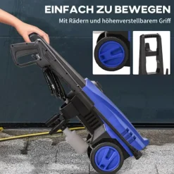 Outlet Northio Högtryckstvätt Med Rullar Inkl. 5 St. Tillbehör, 150 Bar Arbetstryck, Med 6 M Högtrycksslang, 1800 W, Max Vattenmängd: 510 L/H Blå