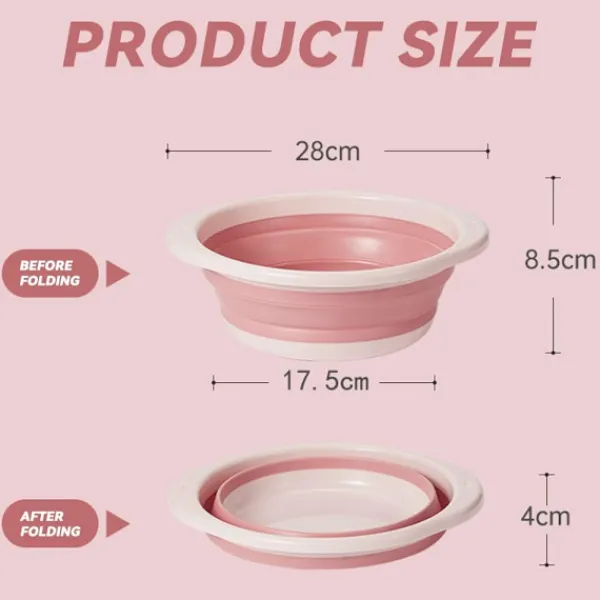 Hopfällbar diskho, hopfällbar diskho, multifunktionell medelstor hopfällbar rund diskbänk, platsbesparande bärbar hopfällbar skål, rosa