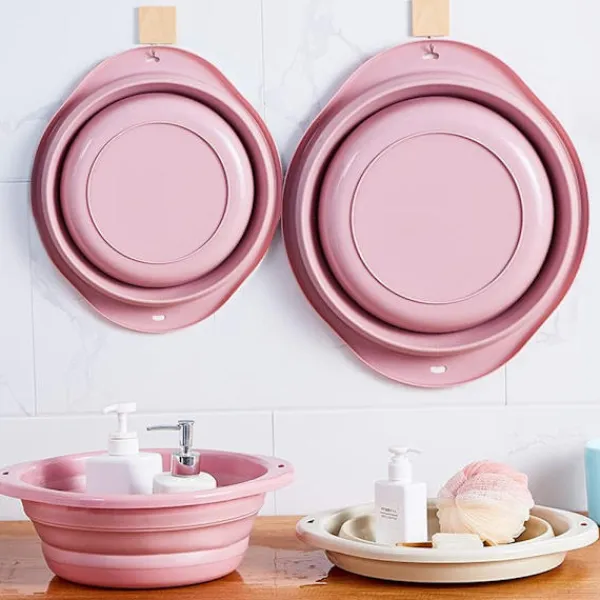 Hopfällbar diskho, hopfällbar diskho, multifunktionell medelstor hopfällbar rund diskbänk, platsbesparande bärbar hopfällbar skål, rosa