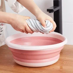 Hopfällbar diskho, hopfällbar diskho, multifunktionell medelstor hopfällbar rund diskbänk, platsbesparande bärbar hopfällbar skål, rosa