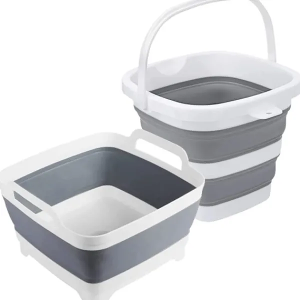 New Hopfällbar diskho, 9L hopfällbar diskho med avloppsplugg för köksbänk, 5L bärbar hopfällbar liten plastvattenbehållare (2-pack)