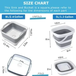New Hopfällbar diskho, 9L hopfällbar diskho med avloppsplugg för köksbänk, 5L bärbar hopfällbar liten plastvattenbehållare (2-pack)