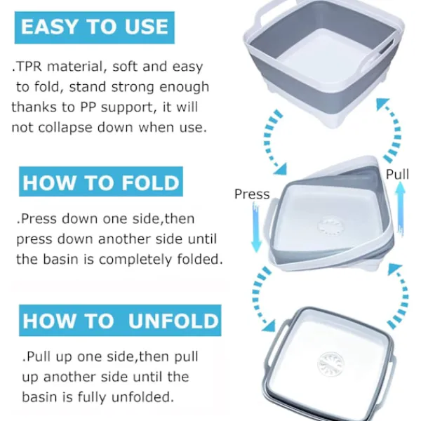 New Hopfällbar diskho, 9L hopfällbar diskho med avloppsplugg för köksbänk, 5L bärbar hopfällbar liten plastvattenbehållare (2-pack)
