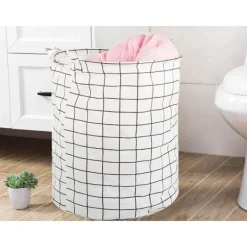 New Hopfällbar Tvättkorg – 45L Rutnät Vit/Svart White