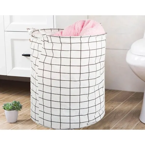 New Hopfällbar Tvättkorg – 45L Rutnät Vit/Svart White