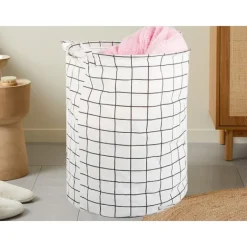 New Hopfällbar Tvättkorg – 45L Rutnät Vit/Svart White