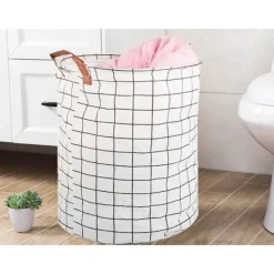 New Hopfällbar Tvättkorg – 45L Rutnät Vit/Svart White