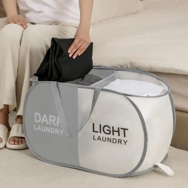 New Hopfällbar tvättkorg med 3 fack, bärbar klädförvaring för smutstvätt, resor och tvättstuga