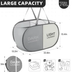 New Hopfällbar tvättkorg med 3 fack, bärbar klädförvaring för smutstvätt, resor och tvättstuga